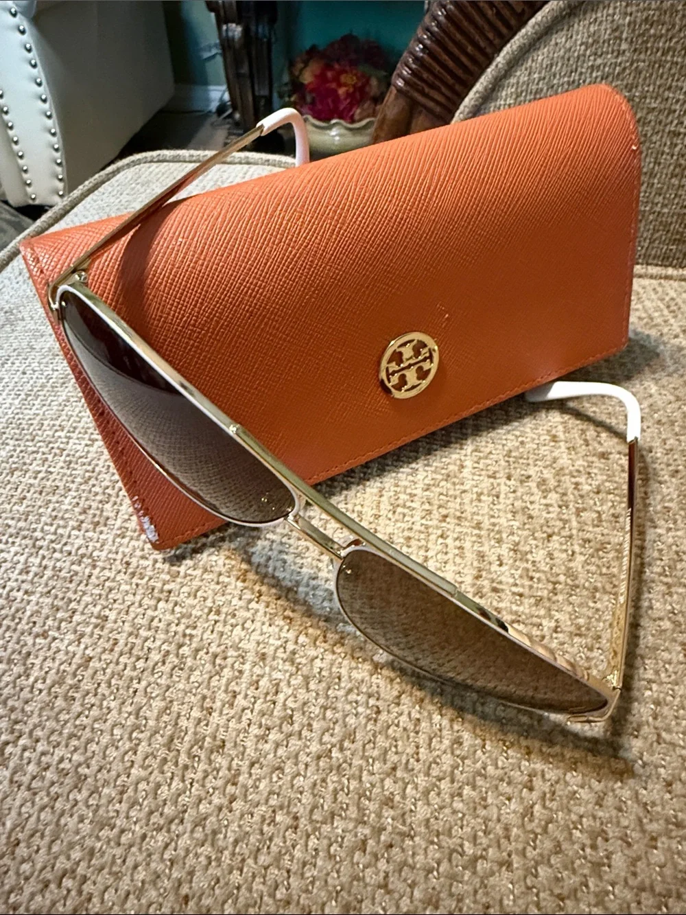 Tory Burch Orange Sunglasses Case with Gold Trim